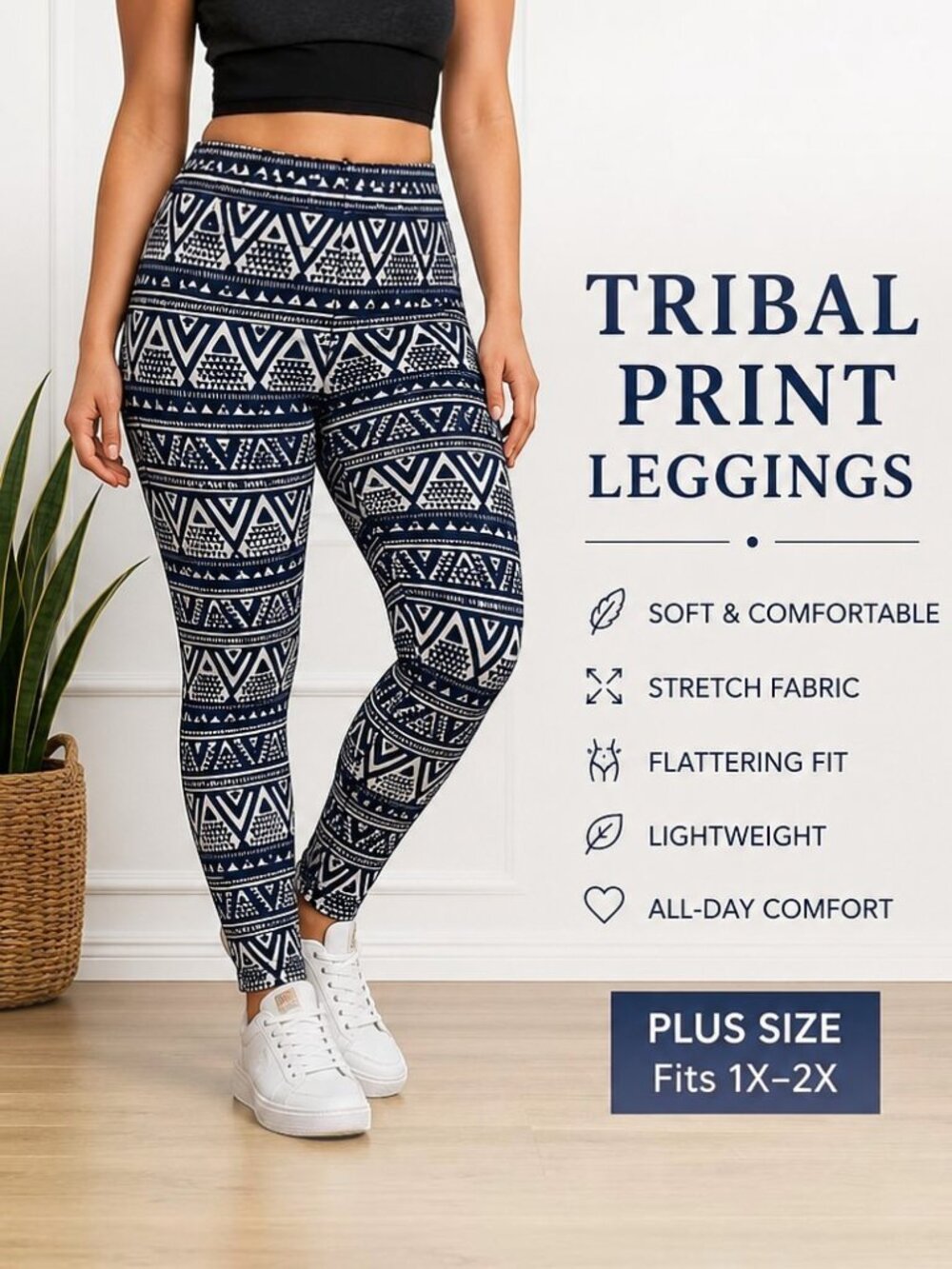 ShoSho Plus Size 1X/2X Tribal Print Stretch Leggings Navy White Soft Yoga Pants